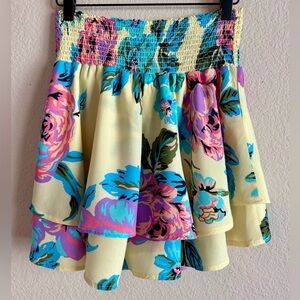 Maaji Tiered Lemon Yellow Mini Skirt Vibrant Blue Pink Floral Women’s Sz L Beach
